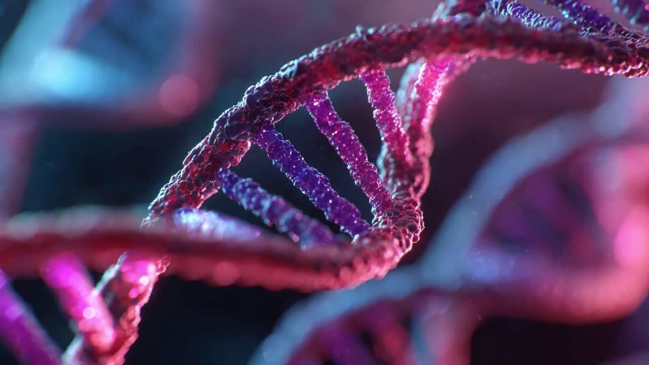 Uno splendido primo piano di un'elica del DNA, che mostra la sua struttura intricata e i colori vivaci, simboleggiando i mattoni della vita e le informazioni genetiche