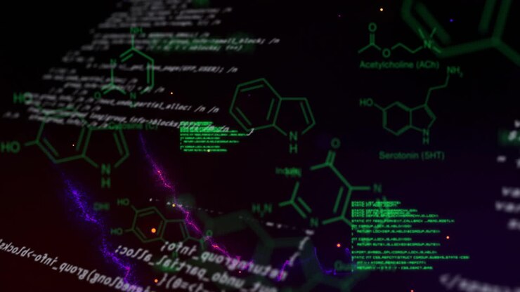Animation of data processing and brain over chemical formula