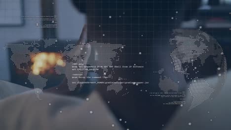 animation of data processing and world map over african american woman using tablet