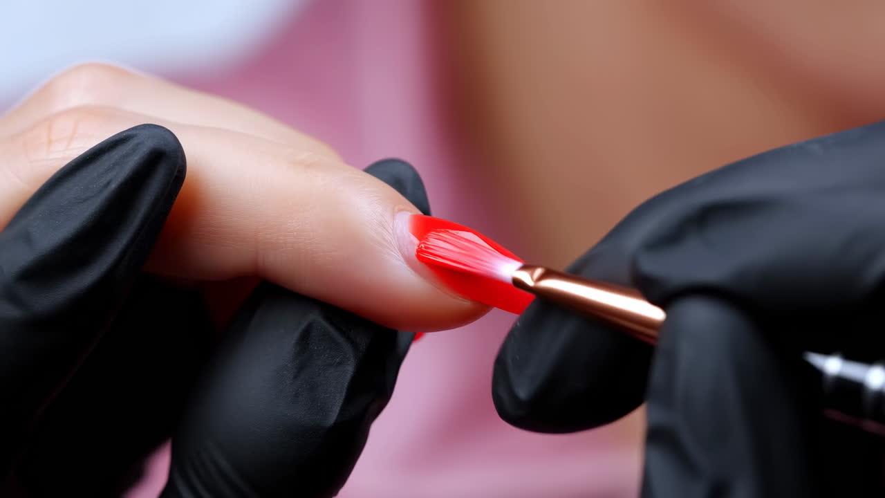 Closeup Manicure Tech Paints Red Nail In Sterile Salon Setting With Black Gloves, Applying Glossy Gel Polish