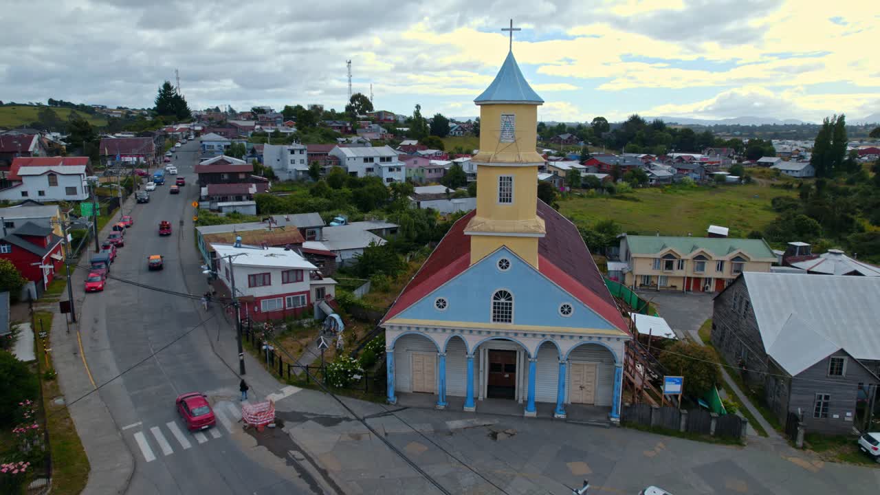 Dolly in flyover of the UNESCO World Heritage Church of Chonchi in Chiloé, Chile