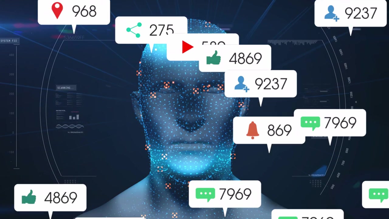 HUD activating, blue head defining while tags flowing and scanning landmarks for analysis