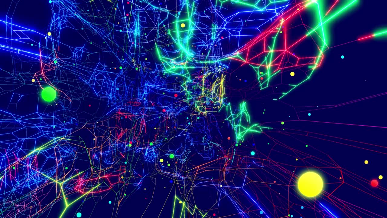 Motion graphic, data flow. Hi tech stream of datum, motion design vj loop. Wireframes of network blocks with neon light, multicolor glow. Abstract hologram of web as concept hi tech technology