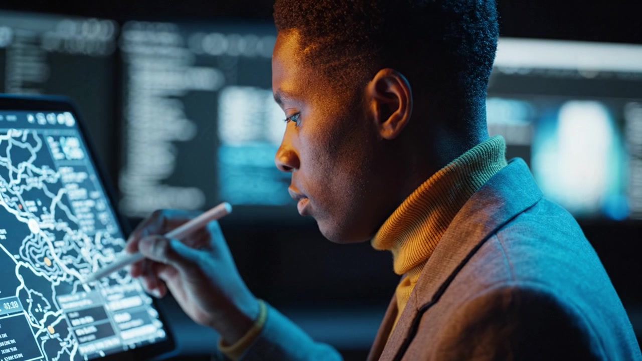 A focused individual utilizing advanced technology to analyze data on a digital tablet, demonstrating expertise in an analytic environment filled with screens.