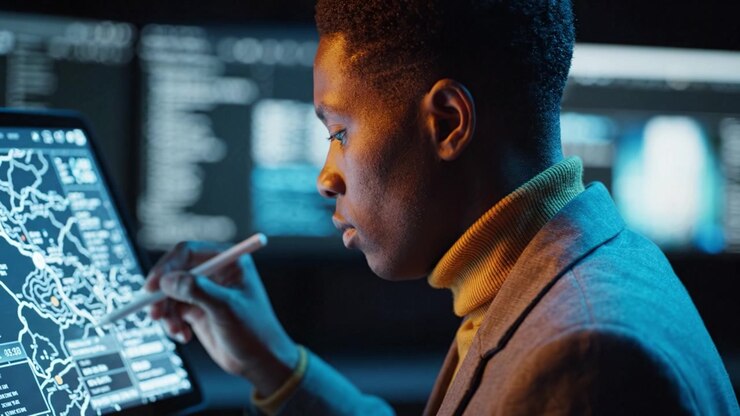 A focused individual utilizing advanced technology to analyze data on a digital tablet, demonstrating expertise in an analytic environment filled with screens.