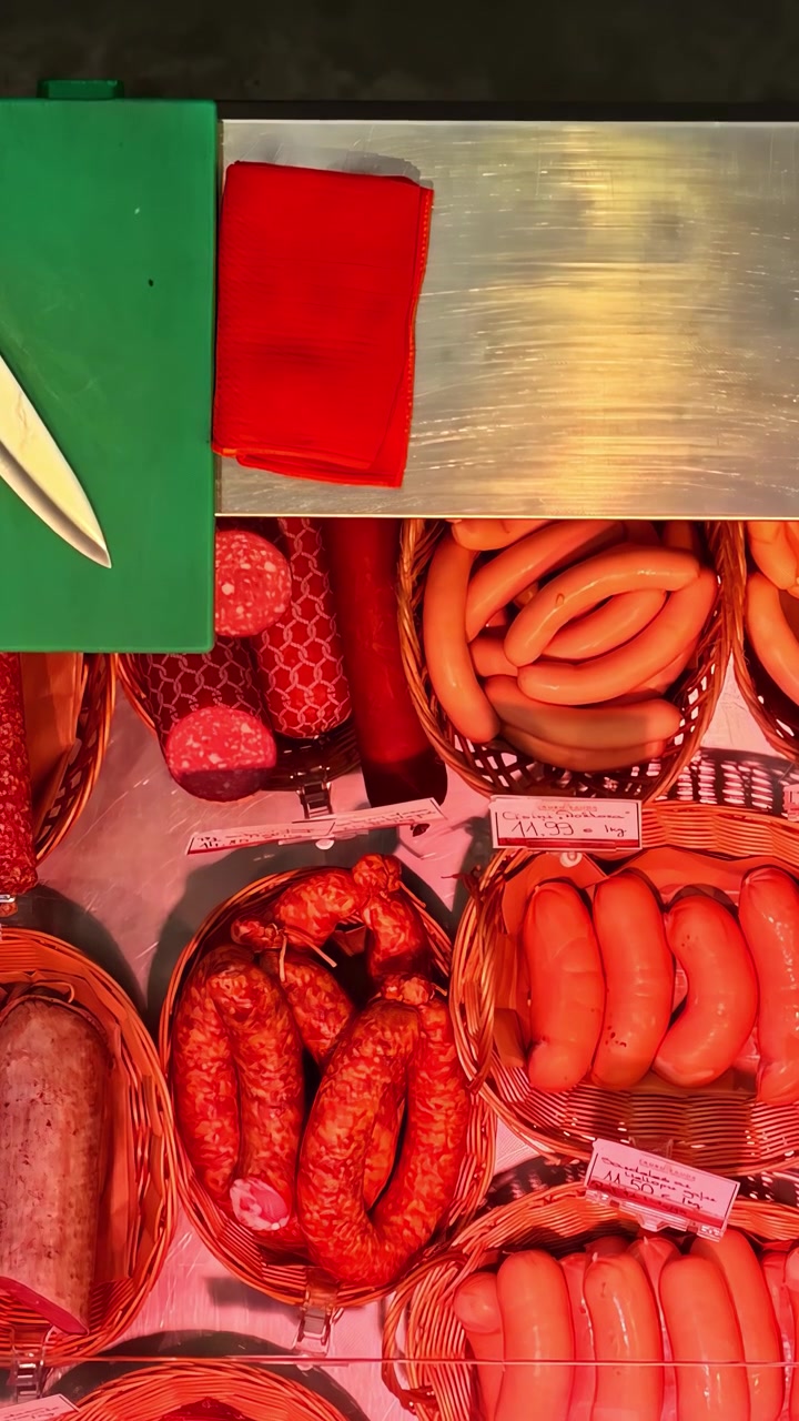 Vari tipi di salsicce e salumi sono disposti in cesti su un banco del mercato con un coltello e un panno rosso nelle vicinanze, mostrando una colorata selezione di gastronomia. Video verticale, ideale per i social media.