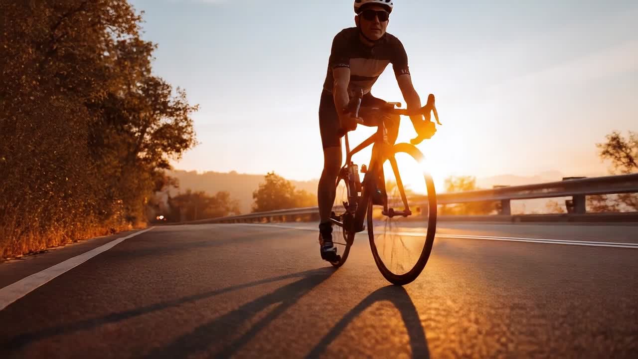 Ciclista che pedala su strada deserta al tramonto con luce calda