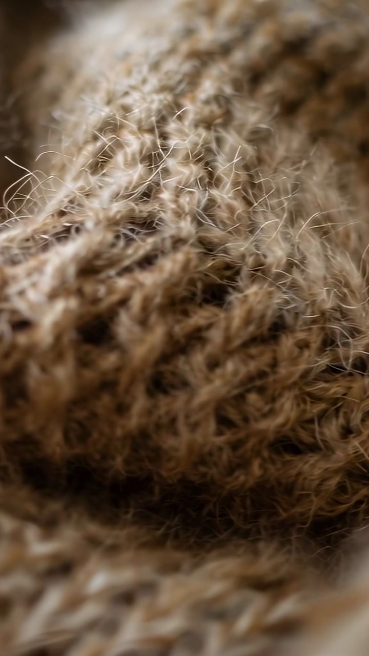 Vertical video: Lens adjustment shifting focus across brown knit on table, revealing yarn fibers