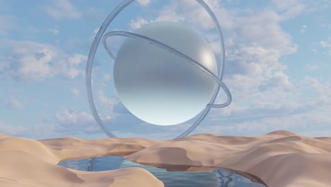 planet over wavy sunny ground. 3d render animation