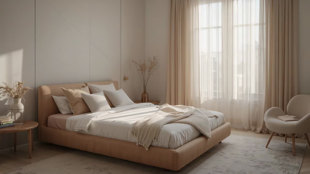 Luce del sole che si sposta mentre la telecamera esegue una panoramica su un letto basso in camera da letto, rivelando cuscini, vaso, copy space