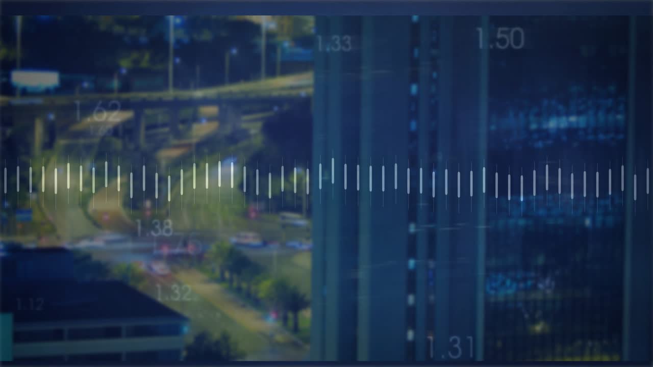Segnale audio che anima barre di forma d'onda arancioni e numeri che mostrano il livello sonoro sullo skyline notturno della città