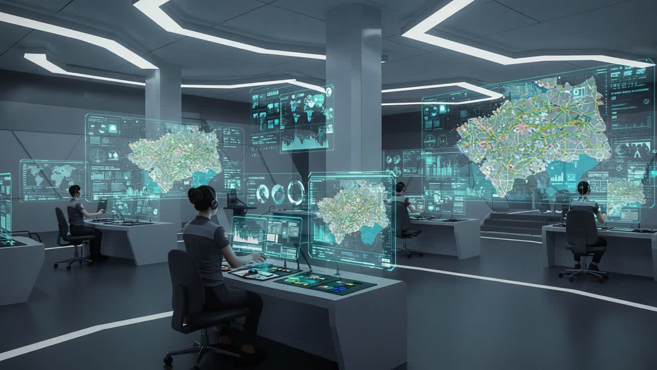 Advanced Command Center with Futuristic Technology: Operators Monitor Interactive Maps and Data Visualizations for Strategic Planning and Decision Making