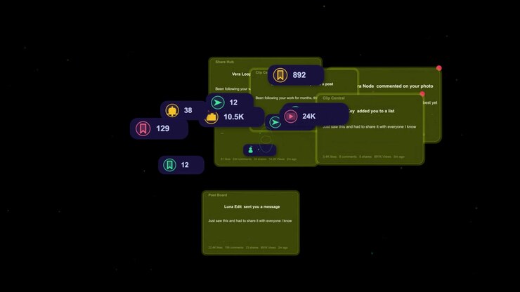 Single purple badge appearing, stacked green cards growing, bubbles dropping in showing metrics