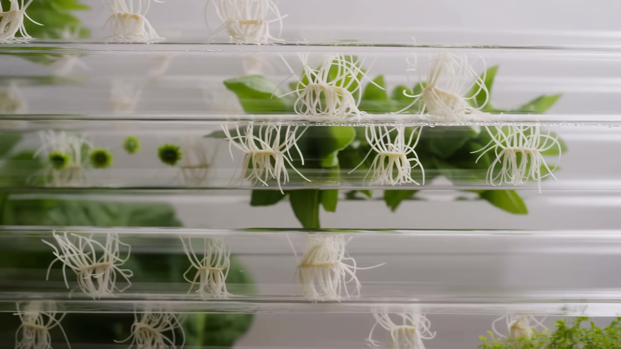 複数の植物の挿し木が水平な透明なトレイに並べられたクローズアップシーン。白い繊維状の根が水面下に垂れ下がり、新鮮な緑の葉が水面上に伸びており、清潔でモダンな園芸の様子を作り出しています