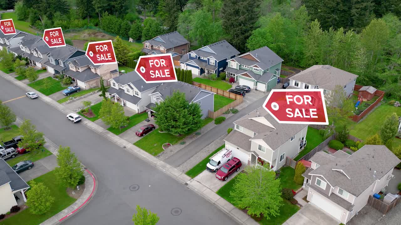 Drone shot of houses with &amp;quot;FOR SALE&amp;quot; signs animating overhead