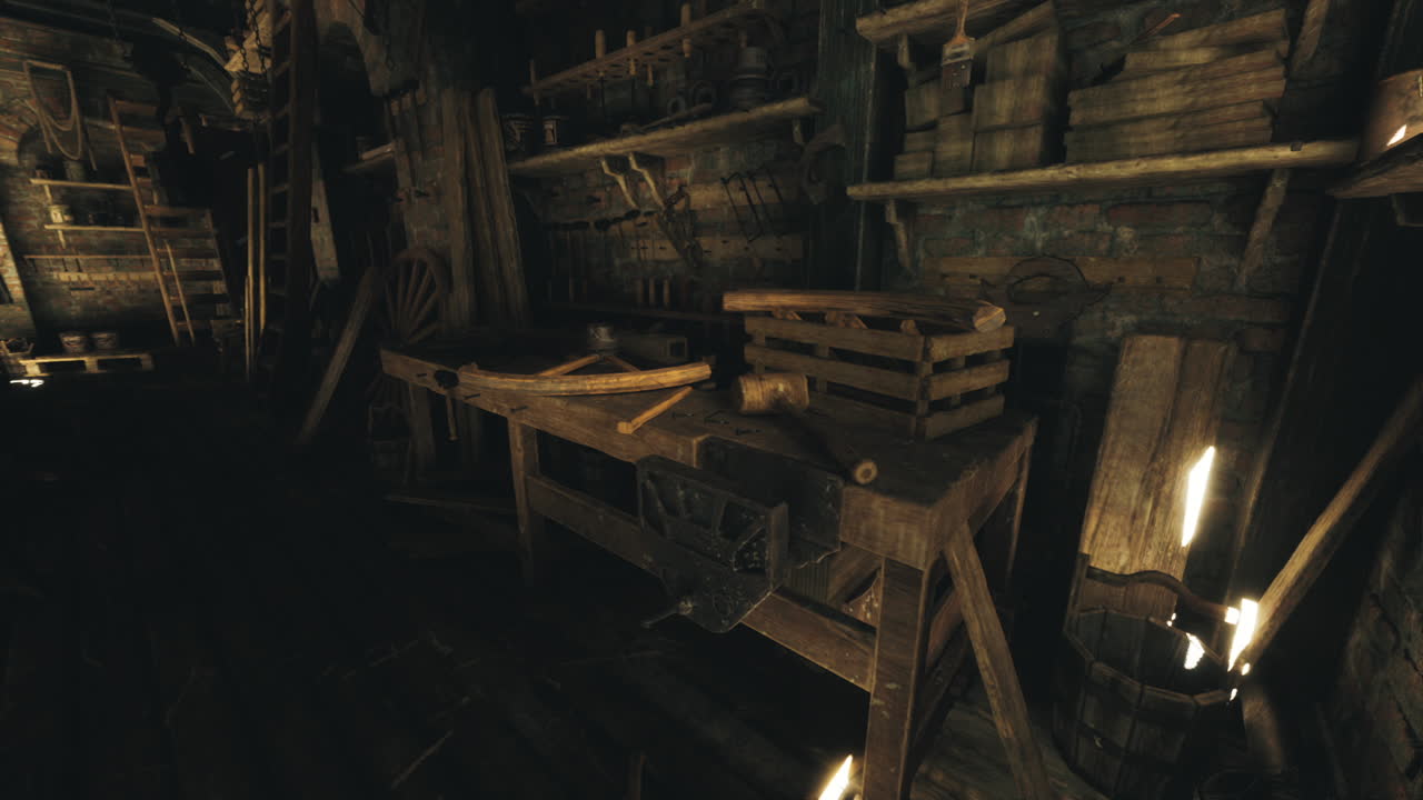 오래된 공간에서 목조 도구와 상자와 함께 시골 워크 인테리어