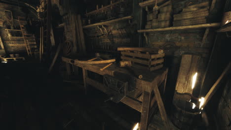 rustic workshop interior with wooden tools and crates in an old space