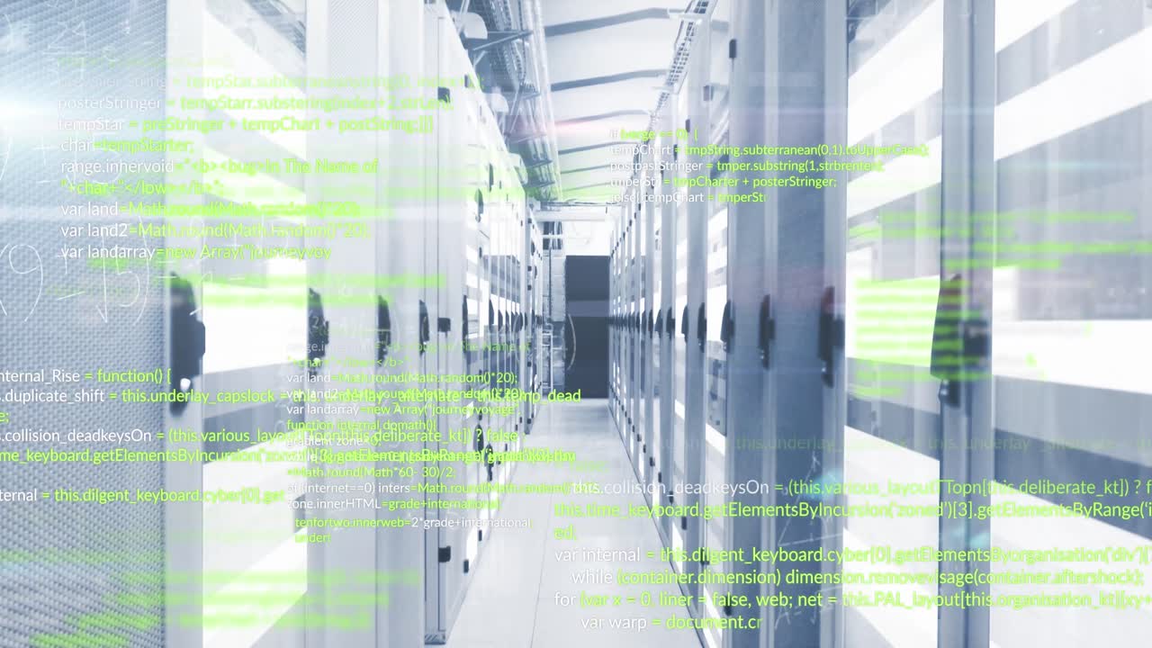 Animation of data processing and mathematical equations against empty computer server room
