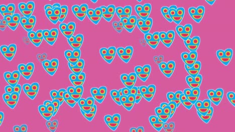 símbolo de amor con emoji emoticon de felicidad animación de dibujos animados que se mueve hacia abajo. emoticon que cae sonriendo y dulce sonrisa emoticon en forma de corazón en pantalla rosa. animación de concepto de valentín 4k, clave de croma