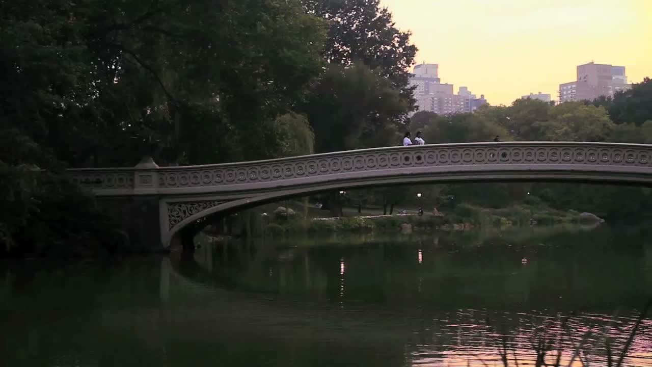 센트럴 파크 뉴욕시의 호수와 다리를 가로지르는 느린 팬