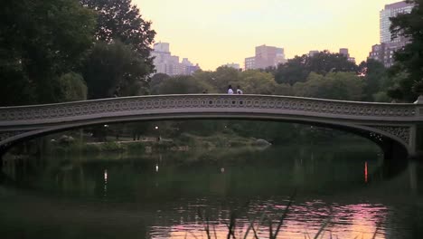 slow pan across a lake and bridge in central park new york city