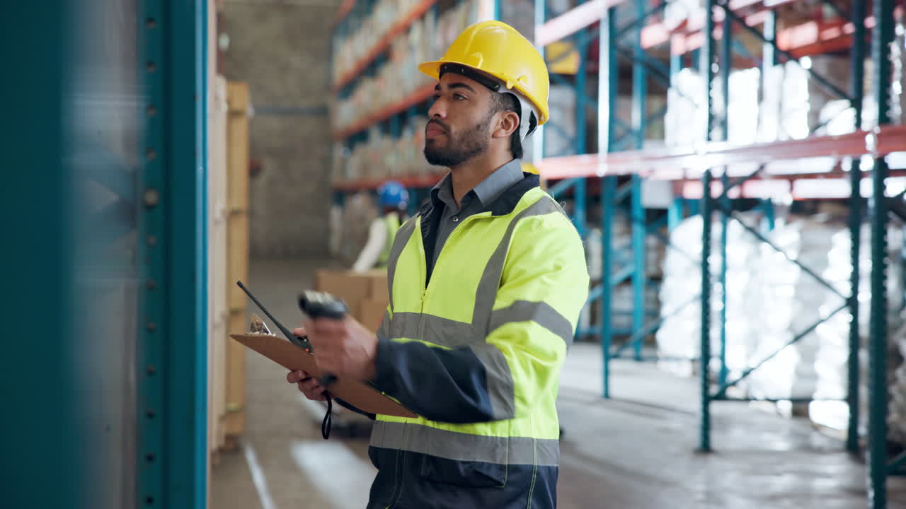 Magazziniere che usa walkie-talkie e scanner di codici a barre