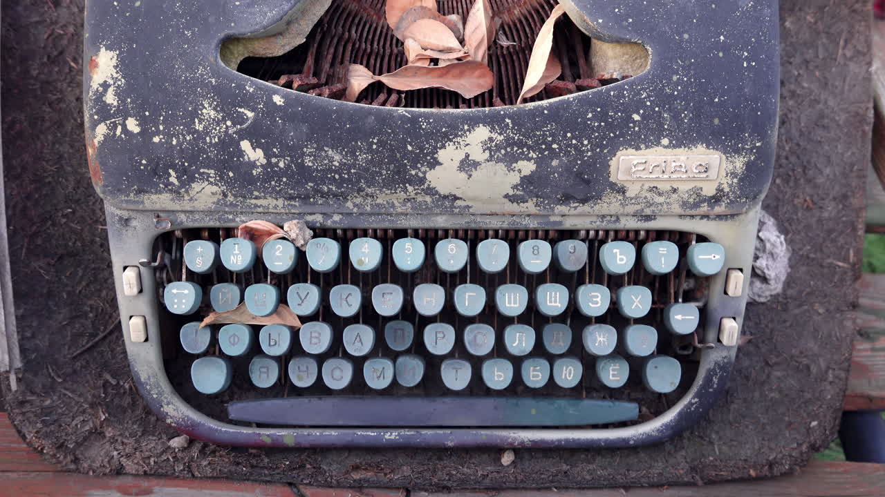 Rustic close up of an old cyrillic typewriter with plants growing near it