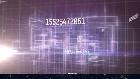 animation of numbers changing over glowing light over grid on purple background