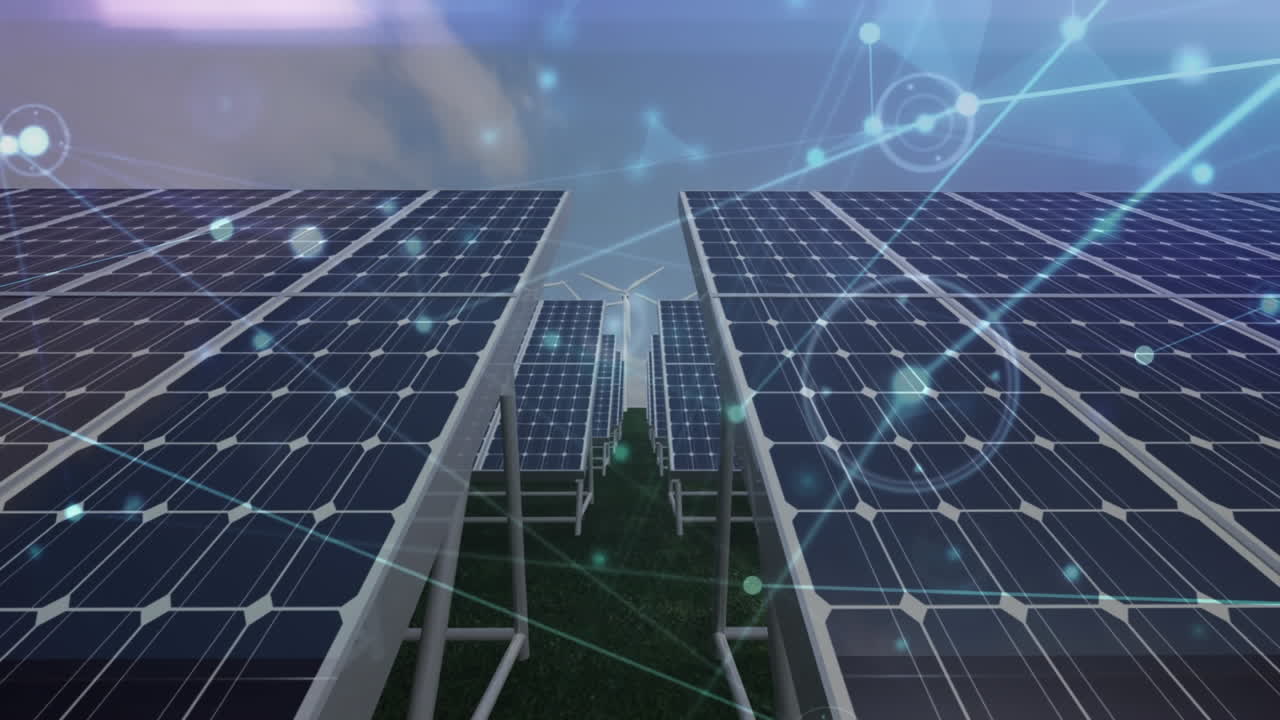 анимация сети соединений через солнечные панели