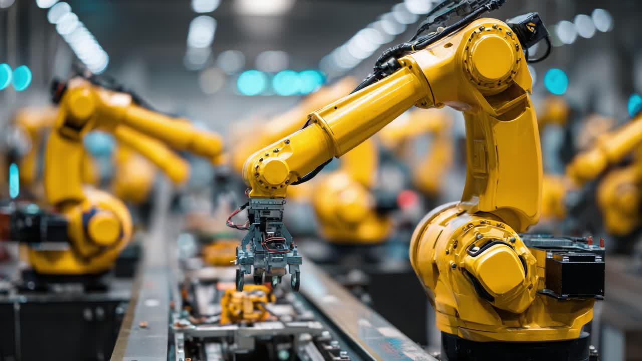 Automated Manufacturing: Exploring Precision Robotics in a High-Tech Industrial Environment with Yellow Robotic Arms and Sophisticated Assembly Lines