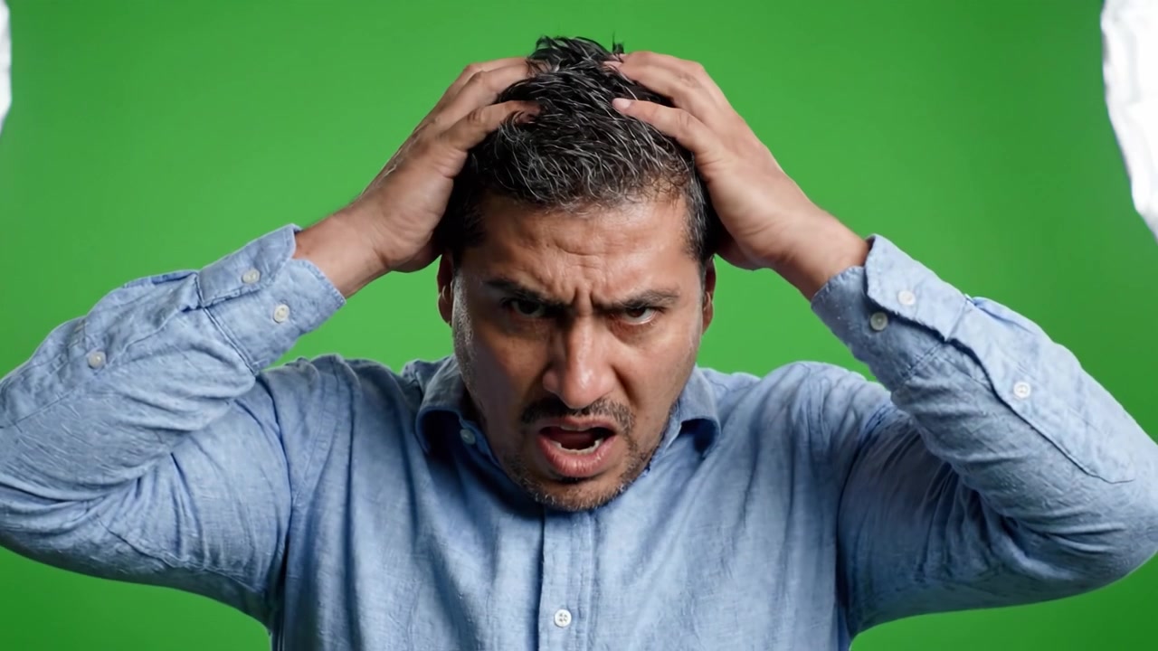 A Change in Emotion: From Determined to Distracted - A Man's Reaction in Two Distinct Frames Against a Vibrant Green Background
