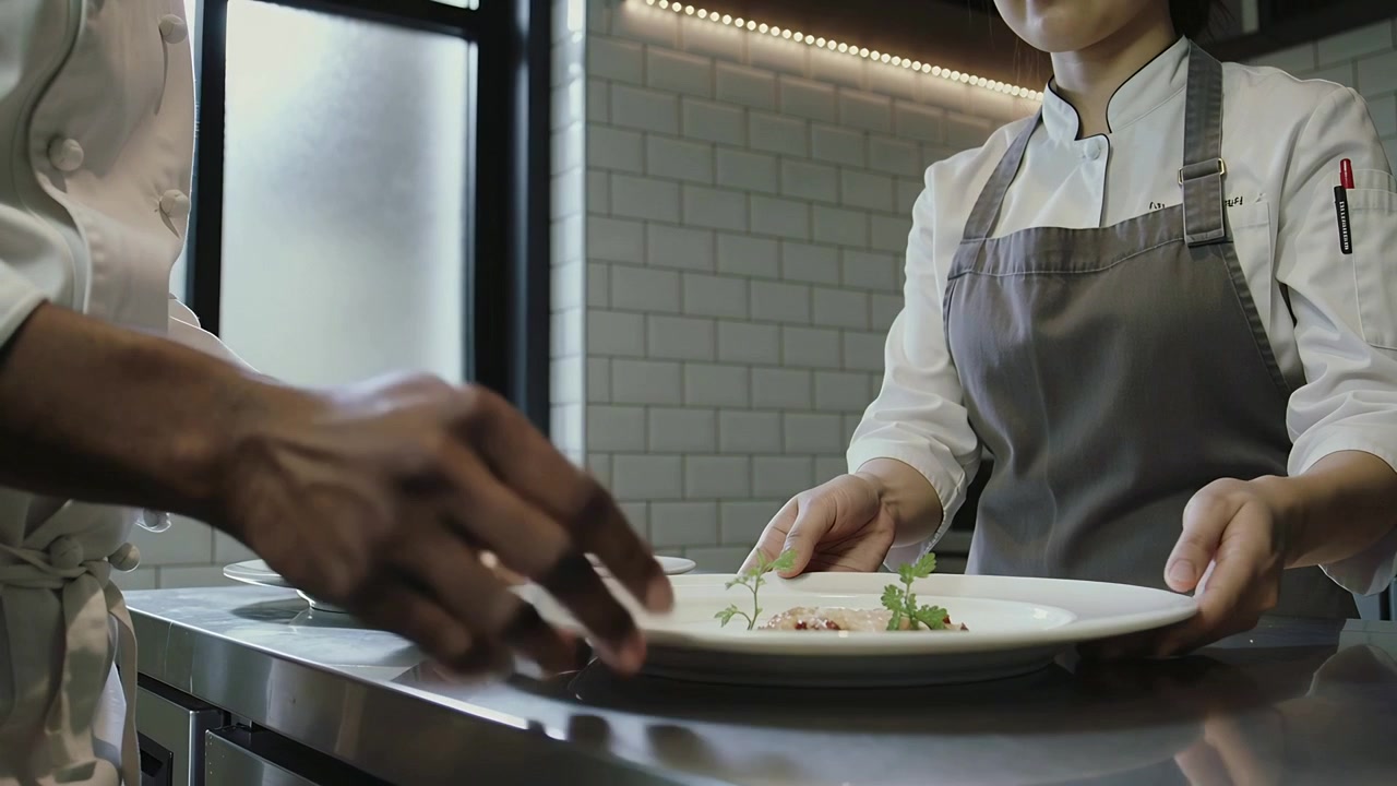 Sprinkling left chef adding garnish at pass, colleague in gray apron receiving plate for service