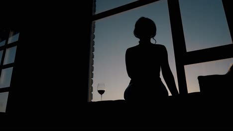 silhouette of slim lady sitting near wineglass on windowsill