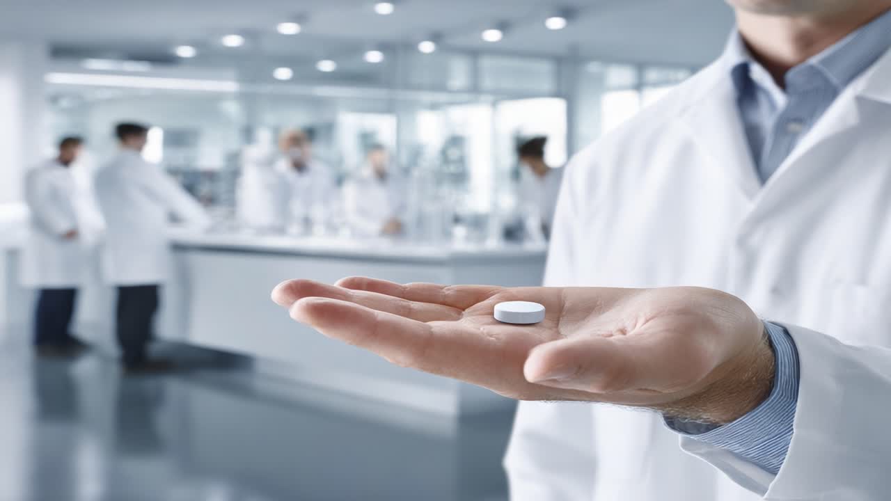 Scienziato che tiene in mano un tablet in un ambiente di laboratorio, che illustra la ricerca e sviluppo farmaceutico in un contesto sanitario moderno