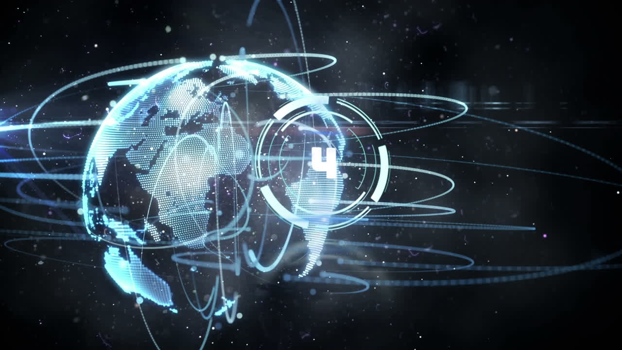 Animation of globe, countdown and scope scanning with networks of connections