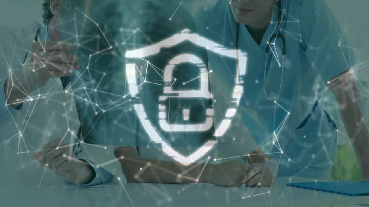 discusión, profesionales médicos con red digital y animación de procesamiento de datos