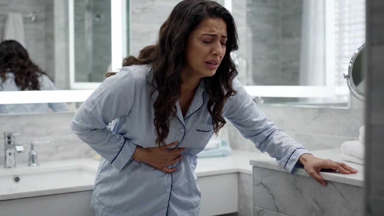 A woman in pajama attire expresses discomfort in a modern bathroom, gripping her abdomen in distress, indicating a moment of anxiety or pain while dealing with a serious issue.