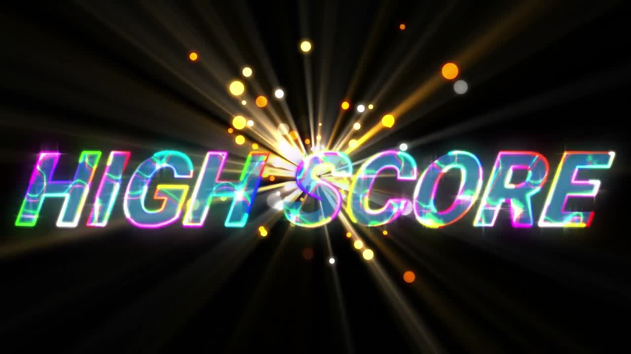 노란색 빛의 반점에 대항하여 높은 점수 텍스트 배너에 대한 번개 효과의 애니메이션