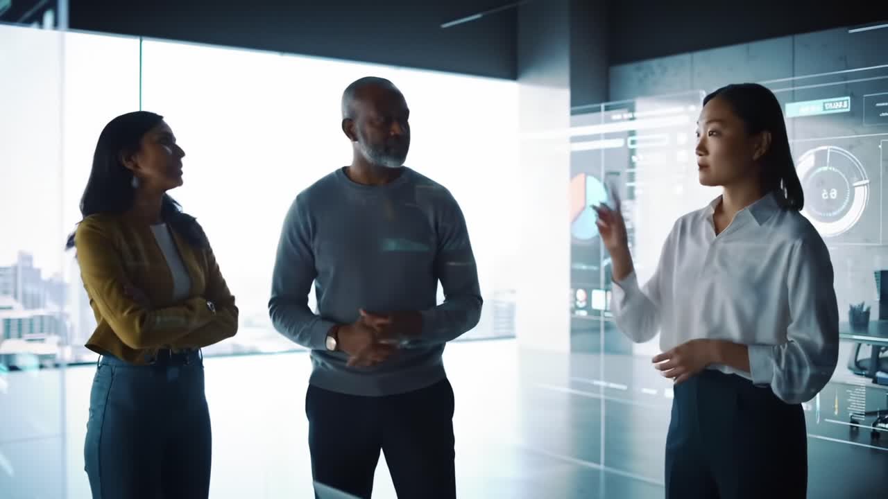 A Group Discussion on Innovative Ideas in a Modern Office Setting as Three Professionals Collaborate with Digital Interfaces and Data Visualizations in the Background