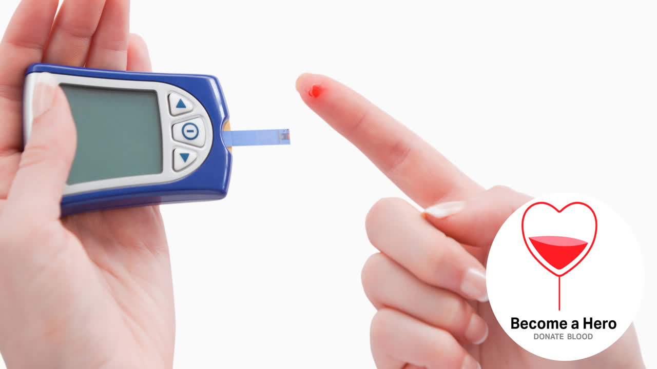 혈액 심장 로고와 함께 헌혈 텍스트의 애니메이션, 핀프릭 혈액 검사를 하는 여성