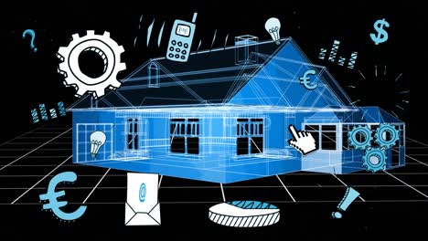 animation of business icons and data processing over 3d house spinning