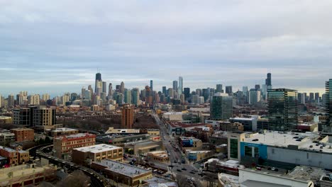 city skyline of chicago in the evening - aerial establishing flight