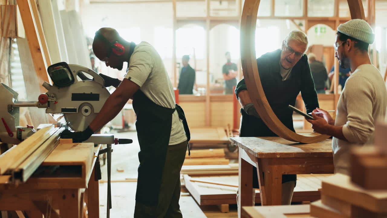 Carpenters working together in a woodworking shop