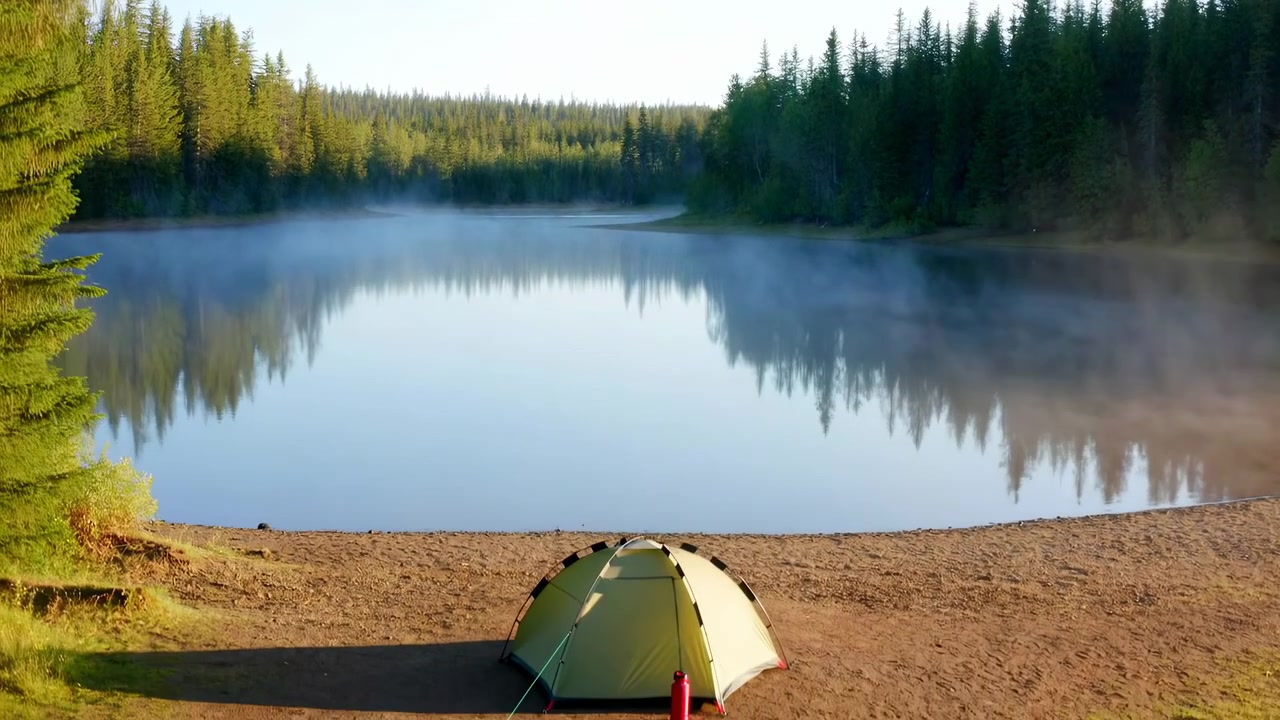 Green dome tent on sandy lakeshore beside reflective water, thin mist drifting above surface, red bottle in foreground, dense evergreen forest lining distant shore under soft morning light