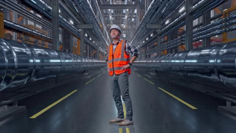 full body side view of asian male engineer wearing safety helmet looking around while standing with arms akimbo with metal pipes