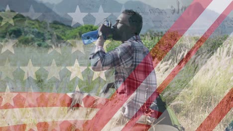 Animation-of-american-flag-over-african-american-man-drinking-water-in-mountains