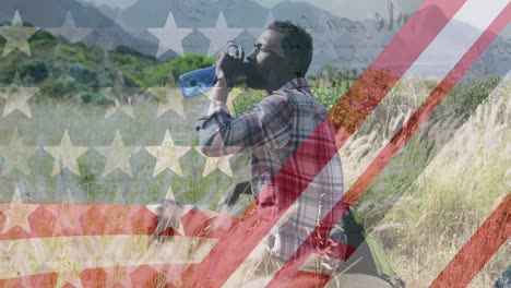 animação da bandeira americana sobre homem afro-americano bebendo água nas montanhas