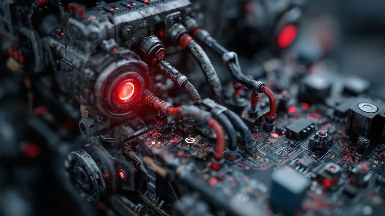 Intricate Close-Up of a Futuristic Circuit Board with Illuminated Components and Complex Wiring, Showcasing Advanced Technology and Mechanical Design