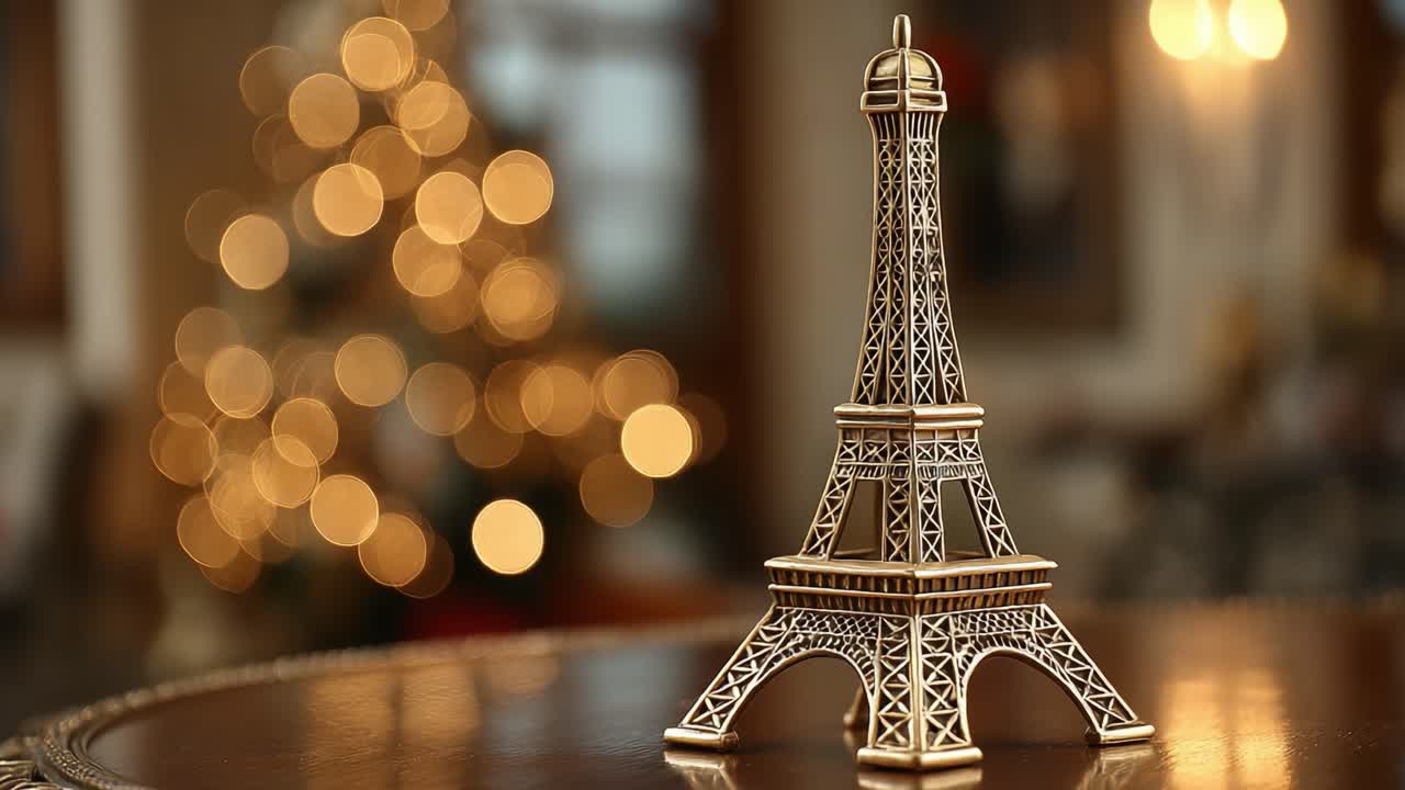 Elegante replica in metallo della Torre Eiffel su uno sfondo caldo e festivo con luci bokeh che creano un'atmosfera incantevole e festosa.
