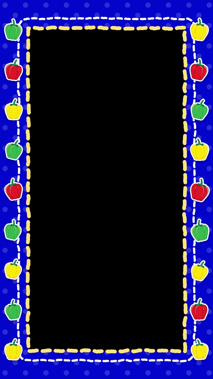 Stitched border with colorful apples framing a central black copy space on blue background.